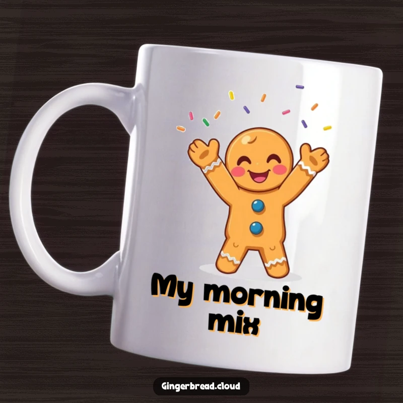 Funny gingerbread man mug featuring a smiling character joyfully juggling colorful sprinkles, evoking playful energy.