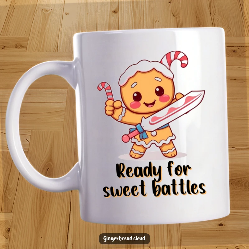 Funny mug featuring a gingerbread knight wielding a candy cane sword in a heroic, playful pose.
