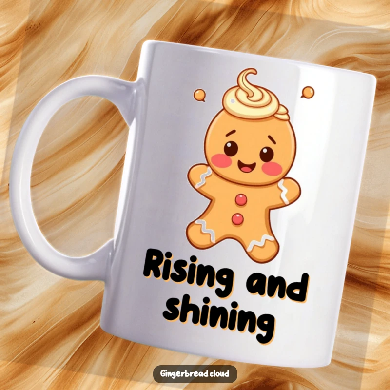 Funny mug depicting a happy gingerbread person with intricate icing swirls, floating joyfully upwards.