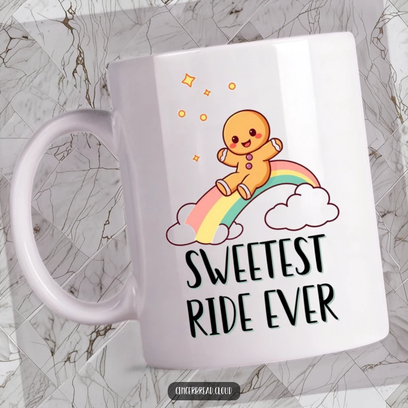 Funny gingerbread man mug showing a gingerbread cookie character gleefully sliding down a vibrant rainbow.