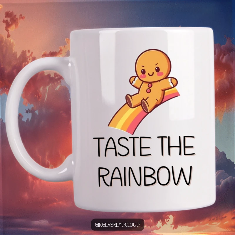 Funny gingerbread character happily sliding down a rainbow on this mug. A whimsical and joyful design.