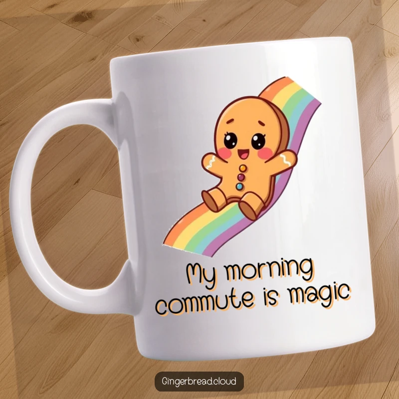 Funny mug featuring a startled gingerbread cookie comically sliding down a vibrant rainbow, embodying unexpected joyous adventure.