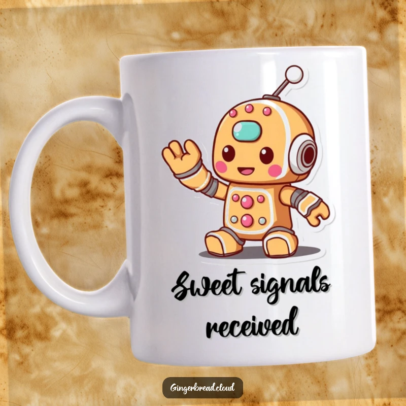 Funny mug featuring a gingerbread robot character waving a sugary antenna, a delightful blend of sweet and tech.