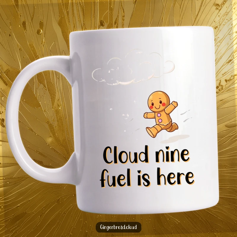 Funny mug showcasing a gingerbread man sprinting joyfully through fluffy white clouds in a bright blue sky.