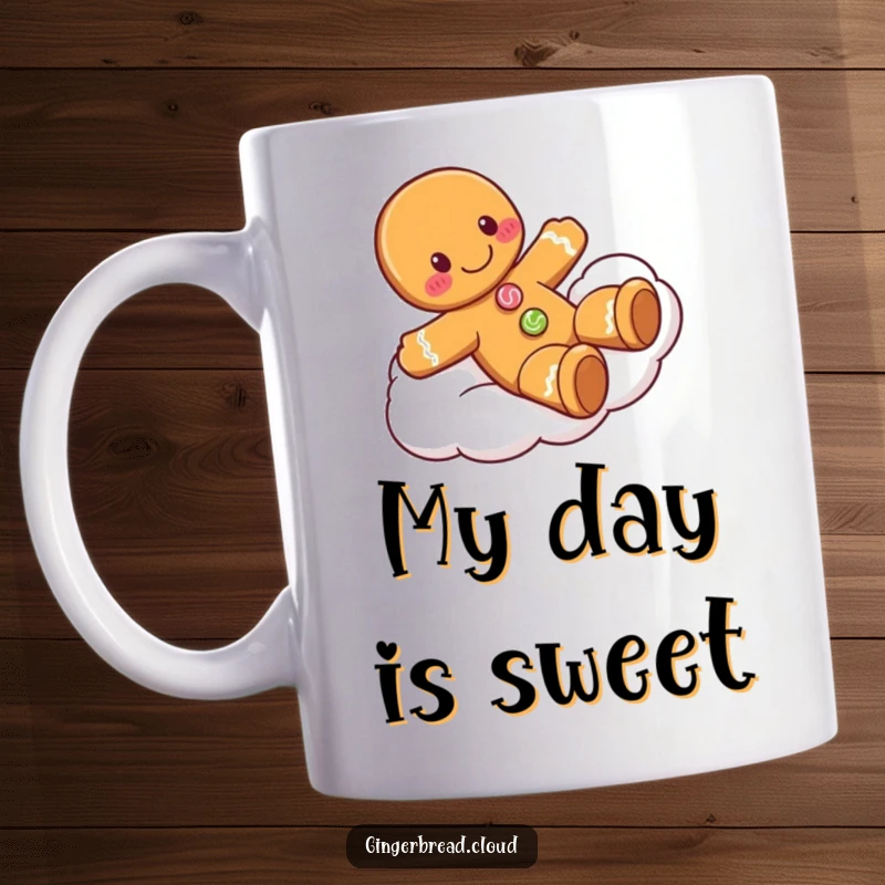 Funny gingerbread man mug of a smiling character with candy buttons playfully sliding down a fluffy white cloud, conveying pure fun.