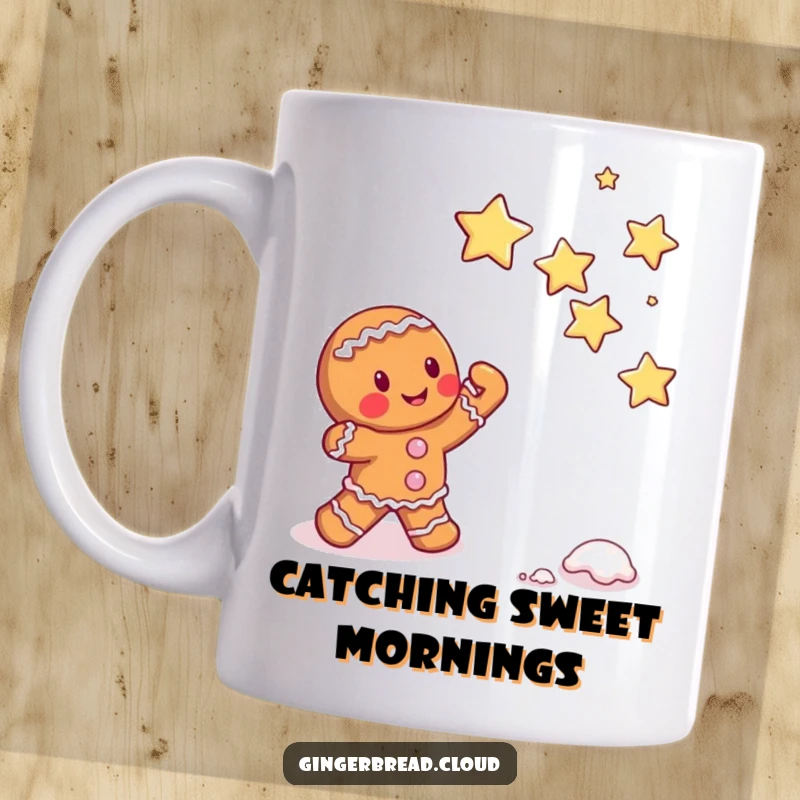 Funny gingerbread character with currants attempting to catch falling sugar stars, whimsical mug design, magical and sweet aspiration.