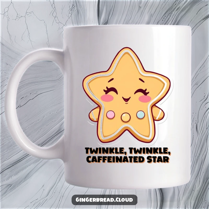 Funny gingerbread star mug, a winking character with twinkling candy buttons, charming and festive drinkware.