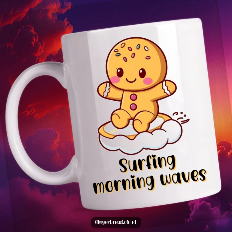 Funny Mug: Cute gingerbread cookie with sprinkles gleefully surfing on a fluffy cloud like a surfboard.