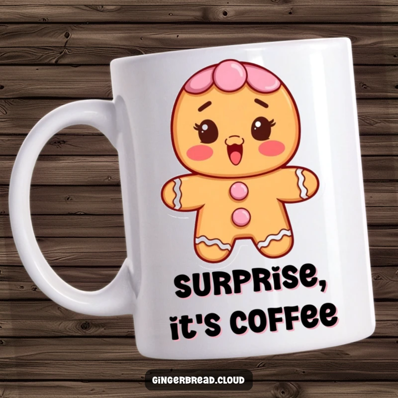 Funny mug with a gingerbread character whose frosting buttons add to its surprised and delighted expression.