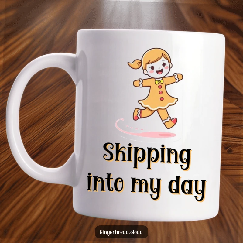 Funny gingerbread woman mug, a joyful character skipping, leaving a frosting trail, happy and sweet drinkware.