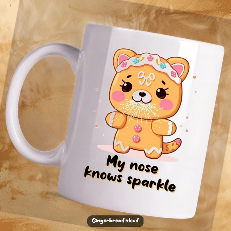Funny gingerbread animal mug, sneezing edible glitter, festive and whimsical holiday design, perfect for a fun gift.