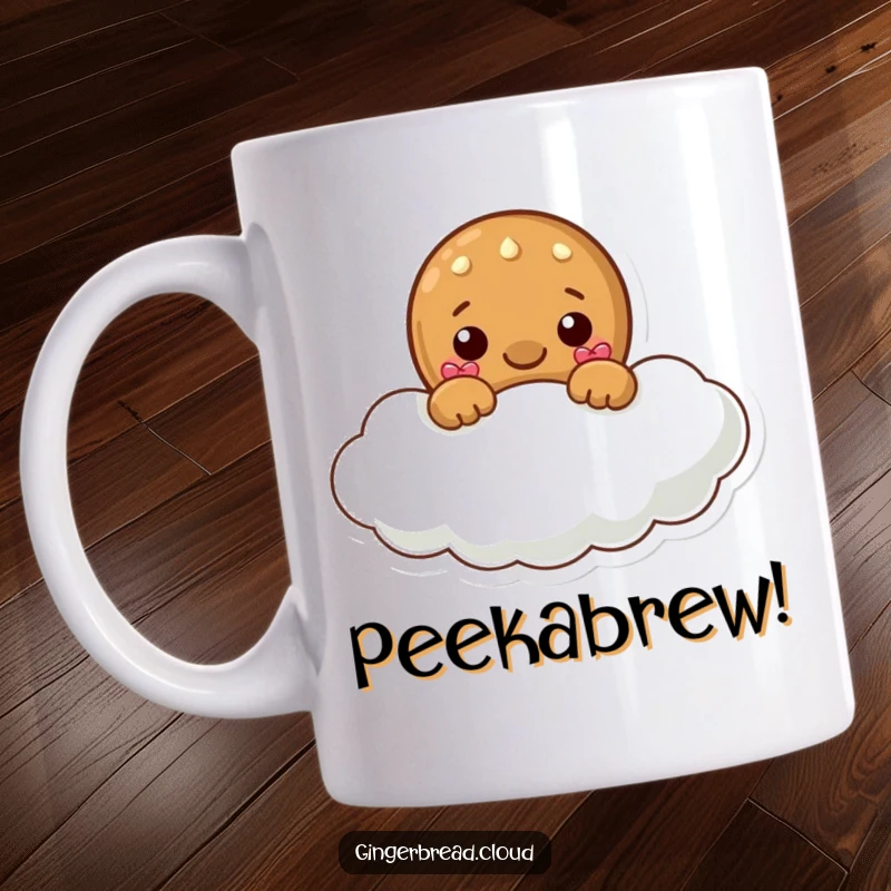 Funny mug featuring a cute gingerbread character playfully peeking from behind a soft, fluffy white cloud in a bright blue sky.