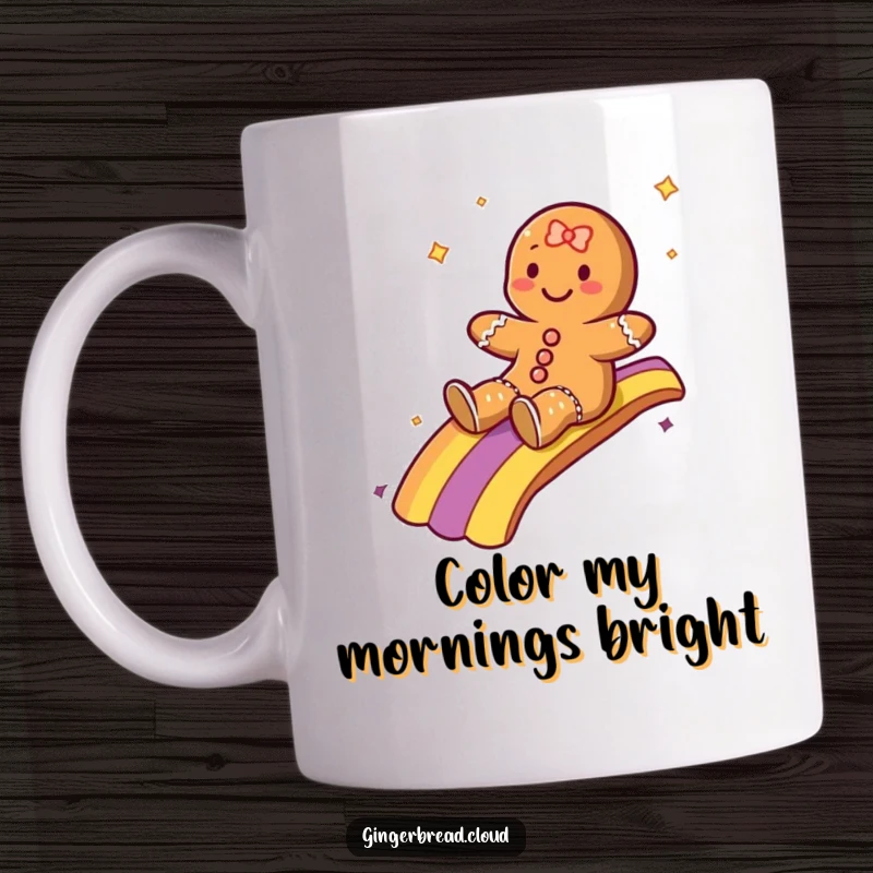 Funny mug featuring a gingerbread character gleefully sliding down a colorful rainbow, evoking feelings of happiness and adventure.