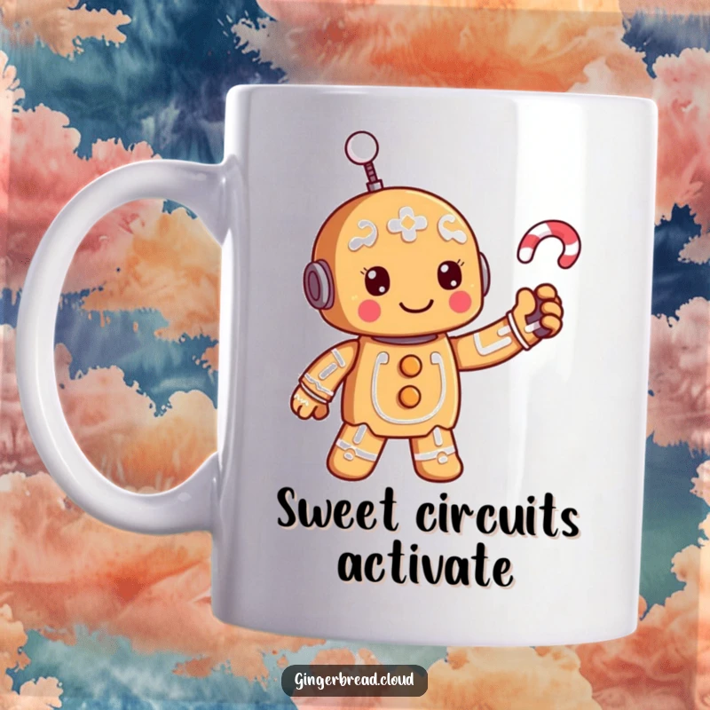 Funny gingerbread robot character waving a candy cane antenna happily, charming and futuristic.