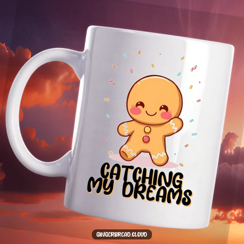 Funny gingerbread person mug, catching falling sprinkles, joyful and sweet holiday design, perfect funny gift for bakers.