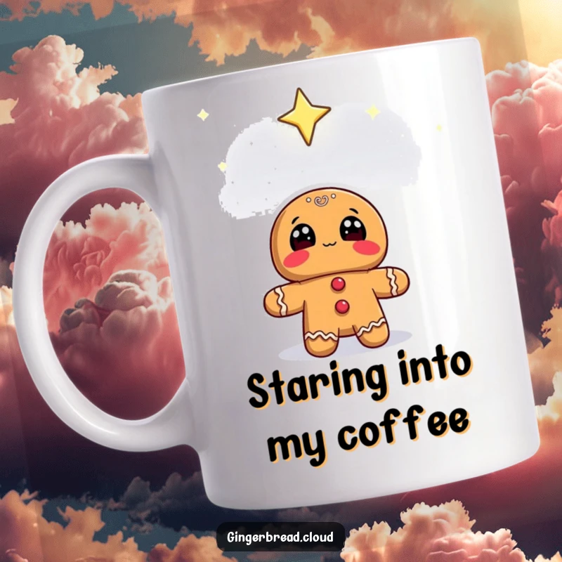 Funny gingerbread character with wide eyes looking up at a beautiful starry night sky on a mug.