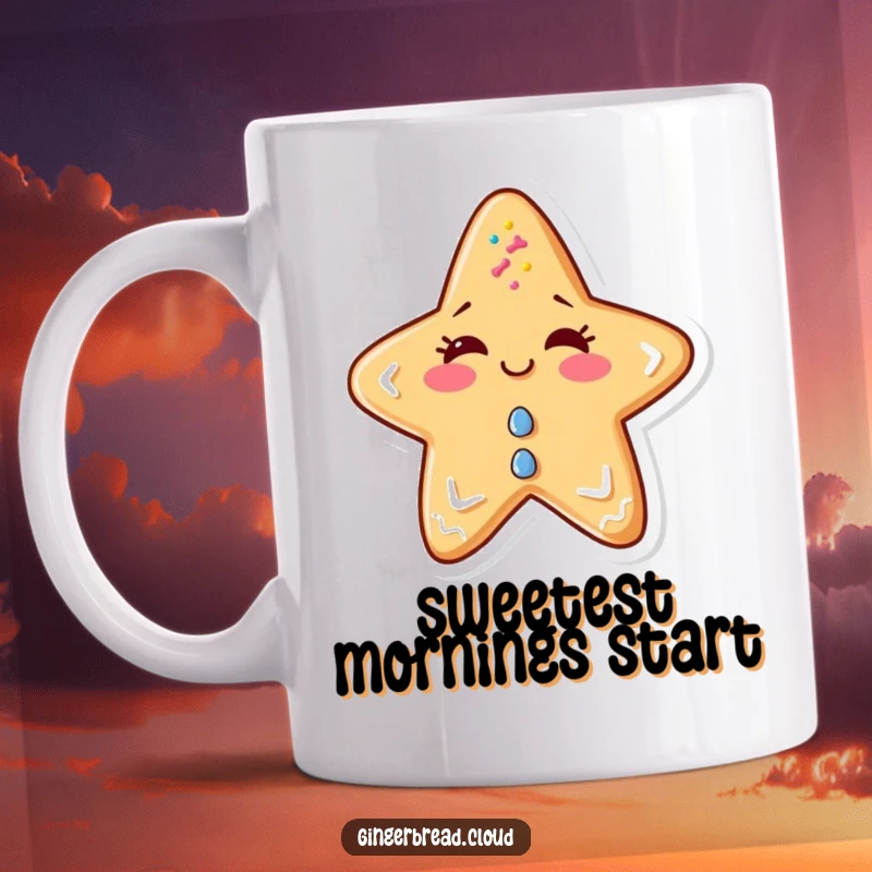 Funny gingerbread star mug featuring a mischievous anthropomorphic gingerbread star winking cheekily.