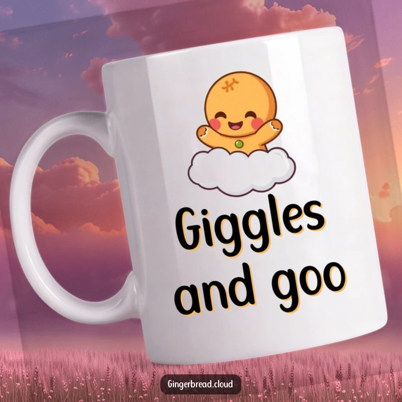 Funny gingerbread character joyfully giggling while floating weightlessly on a fluffy cloud, a whimsical and hilarious mug design.