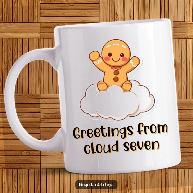 Funny mug featuring a gingerbread person waving cheerfully from a fluffy cloud, conveying happiness and friendly greetings.