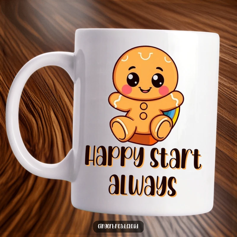Funny mug showing a cheerful gingerbread character with large eyes joyfully sliding down a vibrant rainbow.