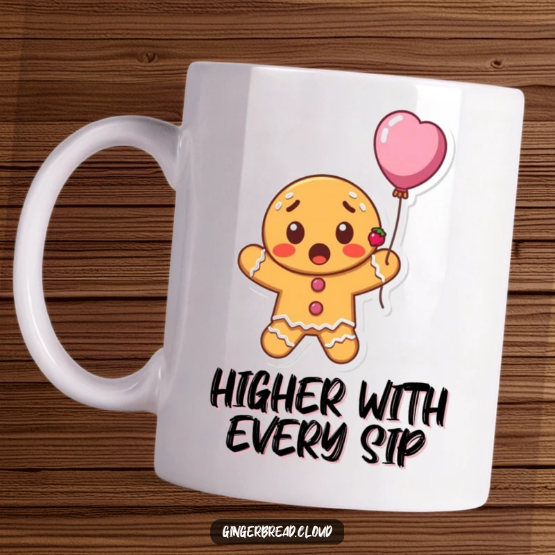 Funny surprised gingerbread cookie character with currants floating upwards on a colorful balloon, whimsical and cheerful design for a mug.