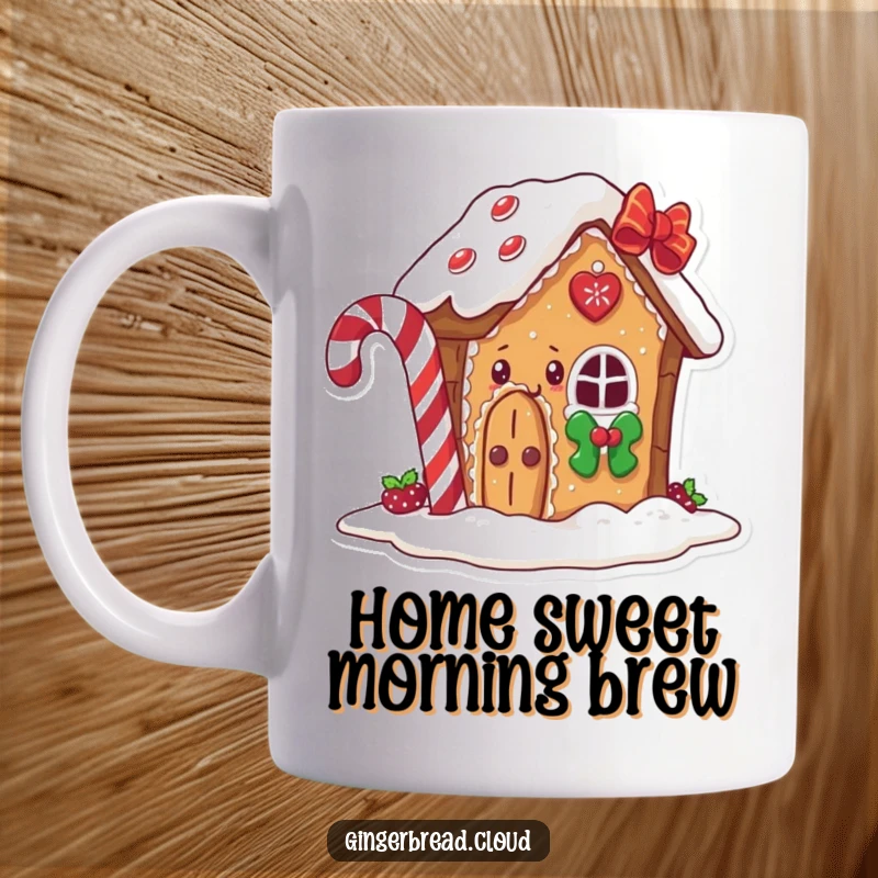 Funny gingerbread house mug, a happy character peeking from behind a large candy cane, charming and festive drinkware.