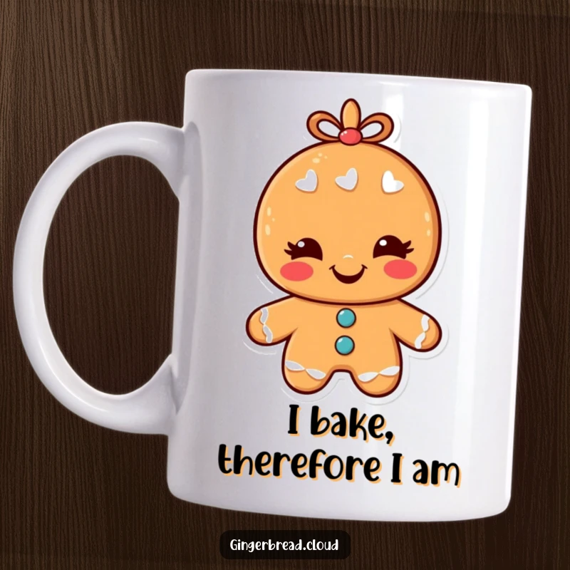Funny Mug featuring a cheerful gingerbread man with a big smile, caught in a playful wink, ready to spread holiday cheer.