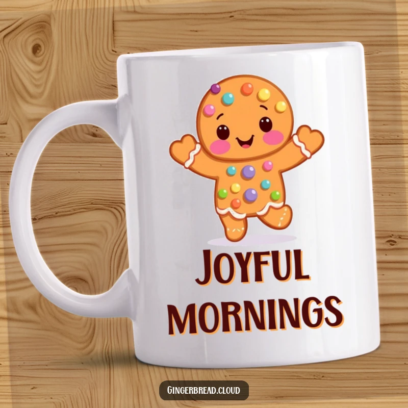 Funny Mug depicting a happy gingerbread man character adorned with candy dots, caught mid-hop with pure elation.