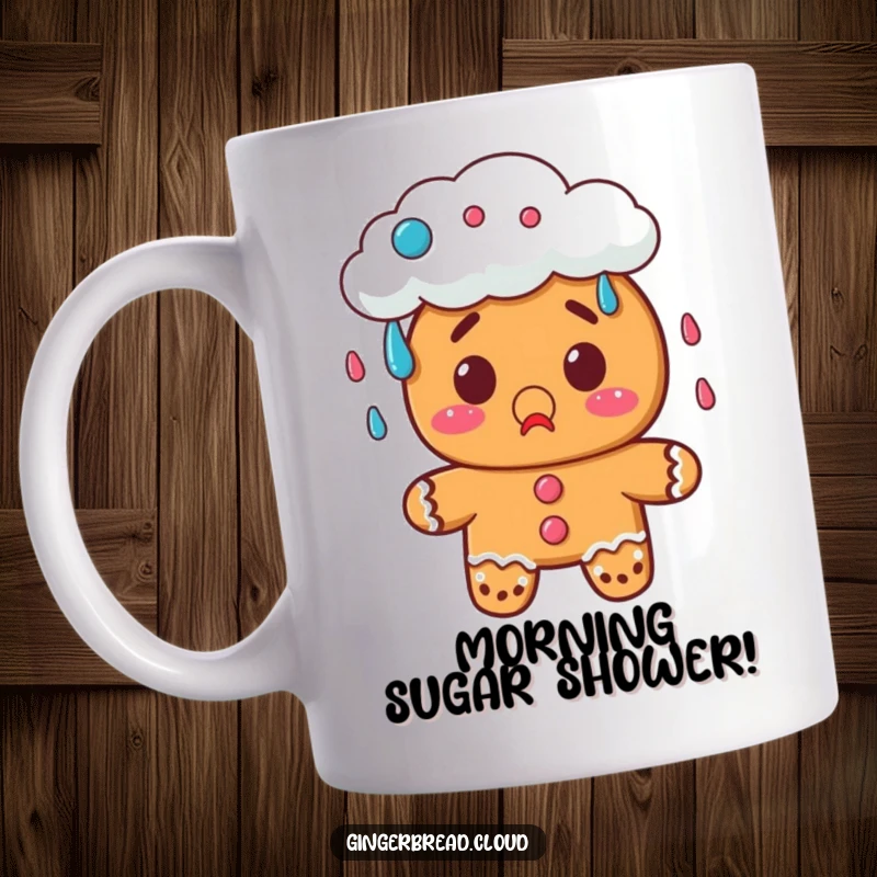 Funny gingerbread character mug with a surprised expression, watching a cloud rain candy, evoking sweet astonishment.