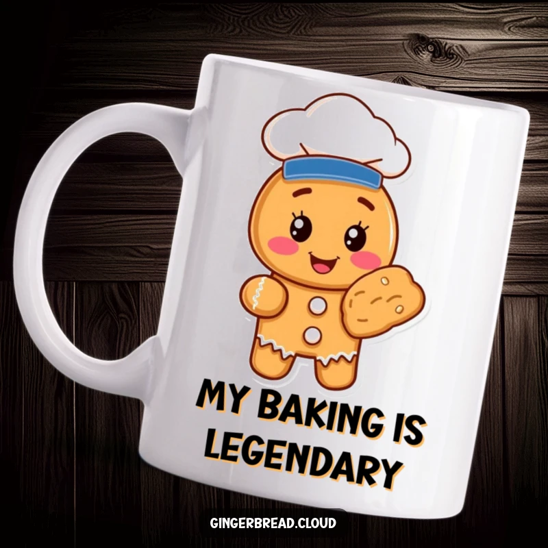 Funny chef gingerbread cookie character in a hat, proudly holding a baked treat, ready for a delicious morning on this ceramic mug.