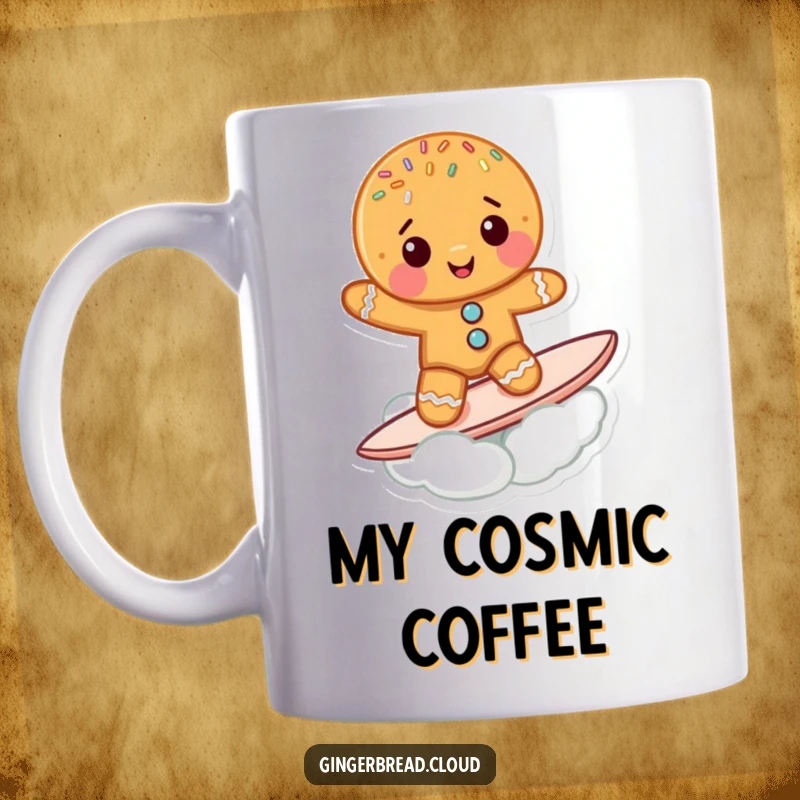 Funny Gingerbread Cookie Mug: A cute gingerbread character with sprinkles rides a fluffy cloud like a surfboard, looking cool.
