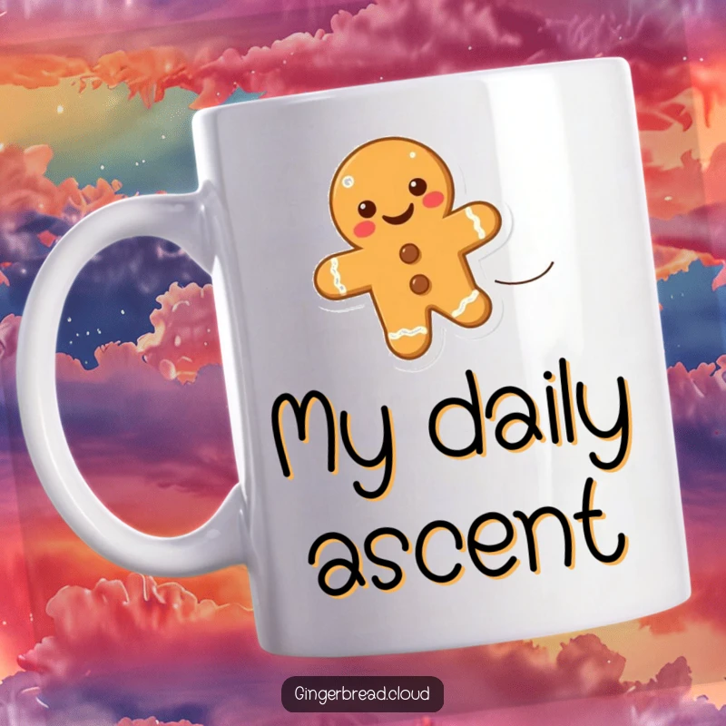 Funny mug showing a happy gingerbread cookie floating upwards on a gentle gust of wind, symbolizing aspiration and joy.