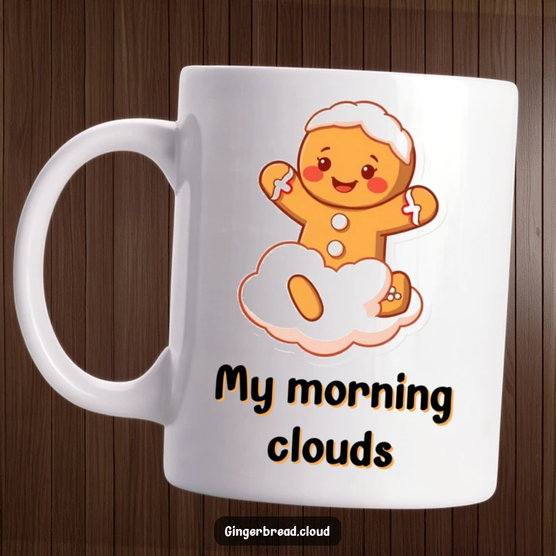 Funny Gingerbread Man Mug: A happy gingerbread man with frosting playfully jumps high on a soft, fluffy cloud, bringing cheer.