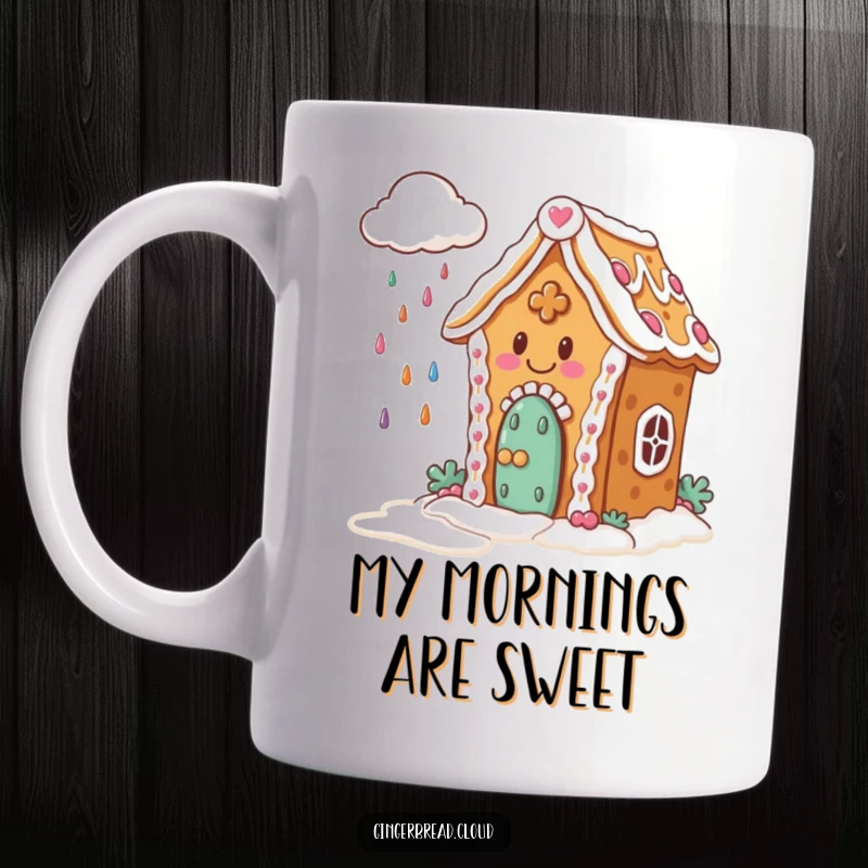 Funny Mug: Happy gingerbread house with icing joyfully watching a cloud rain colorful candies.