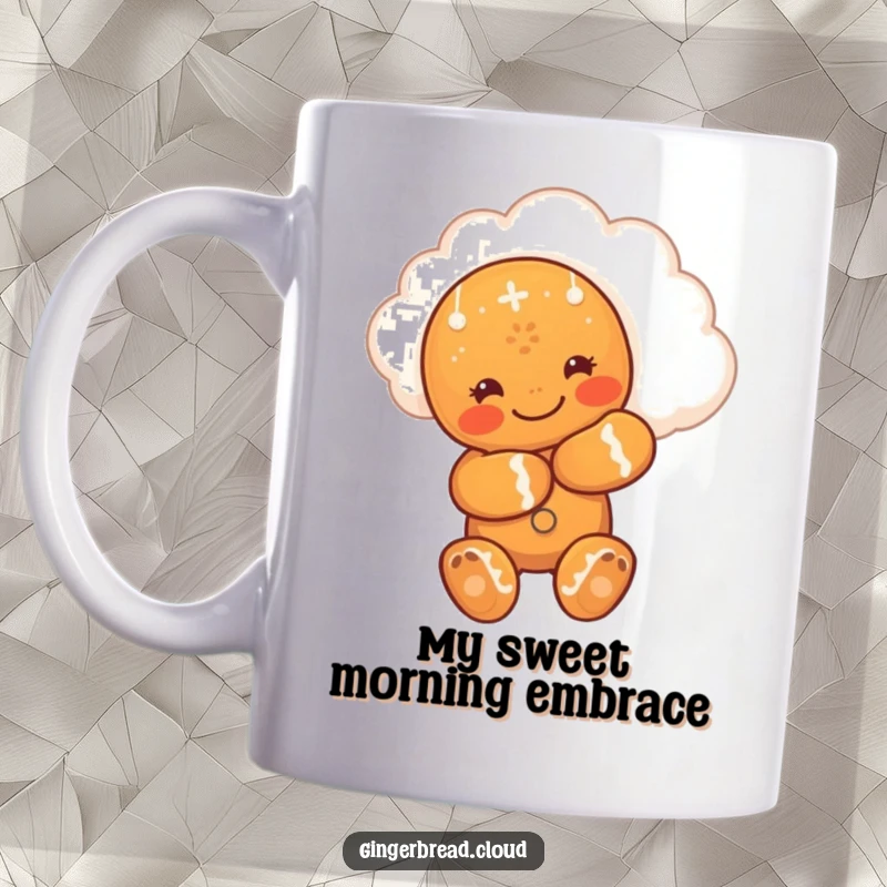 Funny mug with a cute gingerbread man giving a big hug to a smiling, fluffy cloud, conveying warmth and affection.