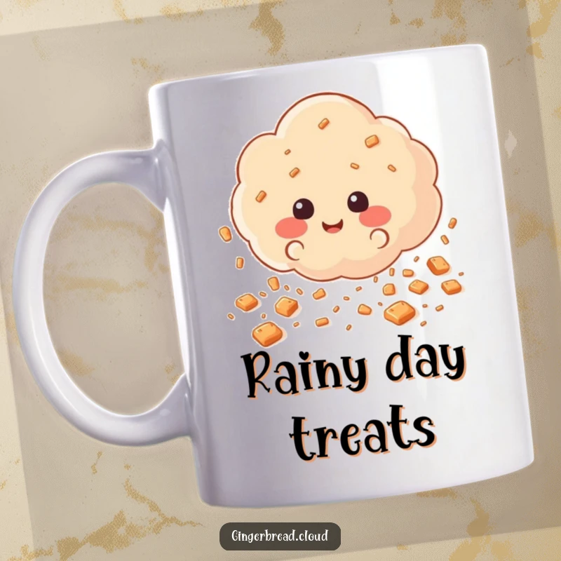 Funny Mug featuring a cloud scattering happy gingerbread cookie crumbs like rain, a whimsical and humorous illustration for a sweet gift.