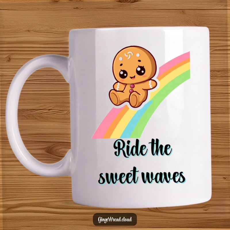 Funny mug shows a cheerful gingerbread character with big eyes happily sliding down a vibrant rainbow, spreading joy and color.