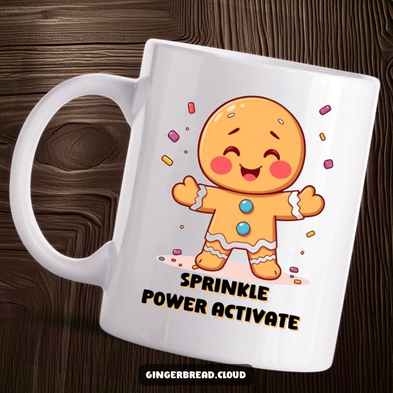 Funny mug depicting a gingerbread man joyfully juggling colorful candy sprinkles with enthusiasm.