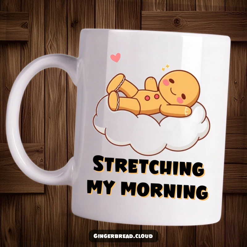Funny gingerbread character stretching joyfully on a soft, fluffy cloud bed printed on a mug.