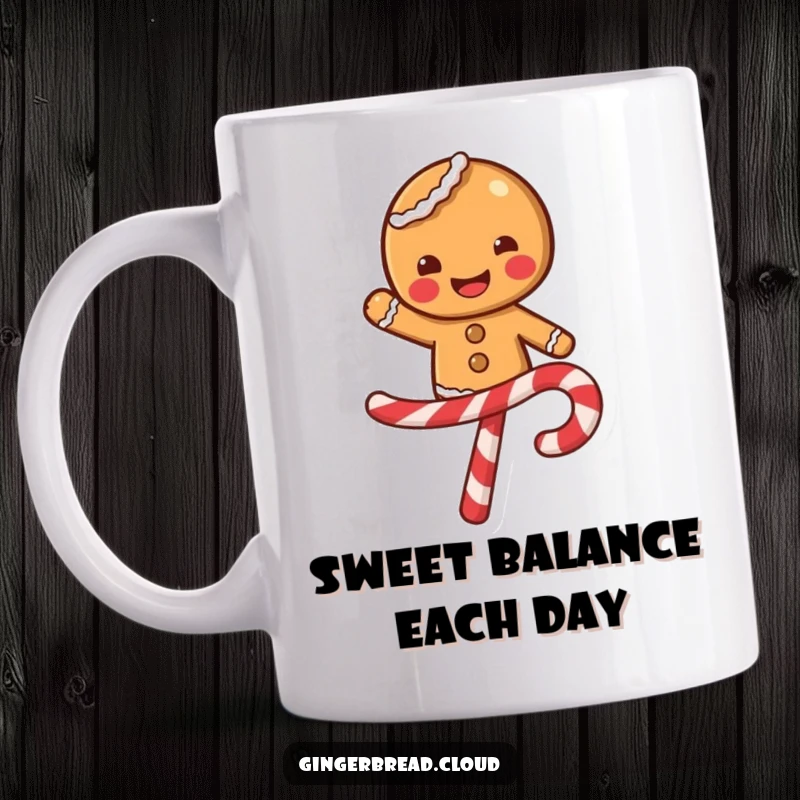 Funny gingerbread character with a wide smile balancing on a swirling candy cane, whimsical mug design, festive and cheerful.