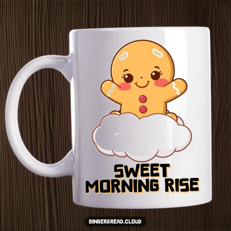 Funny smiling gingerbread cookie leaping from a fluffy white cloud on this mug. A sweet and cheerful design.
