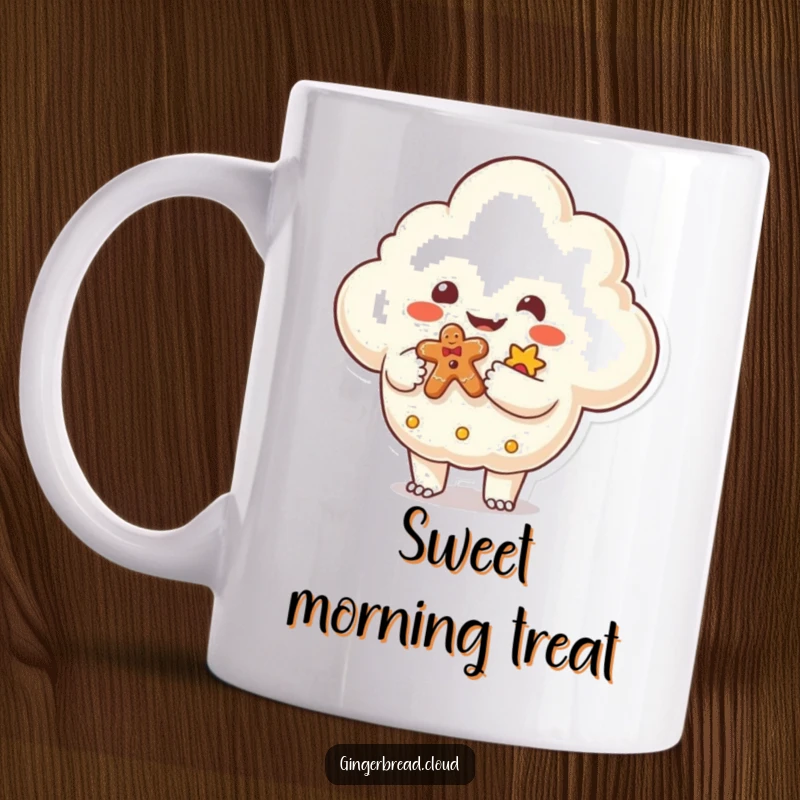 Funny Mug featuring a friendly monster shaped cloud handing a gingerbread gift, a whimsical and humorous illustration that brings joy.