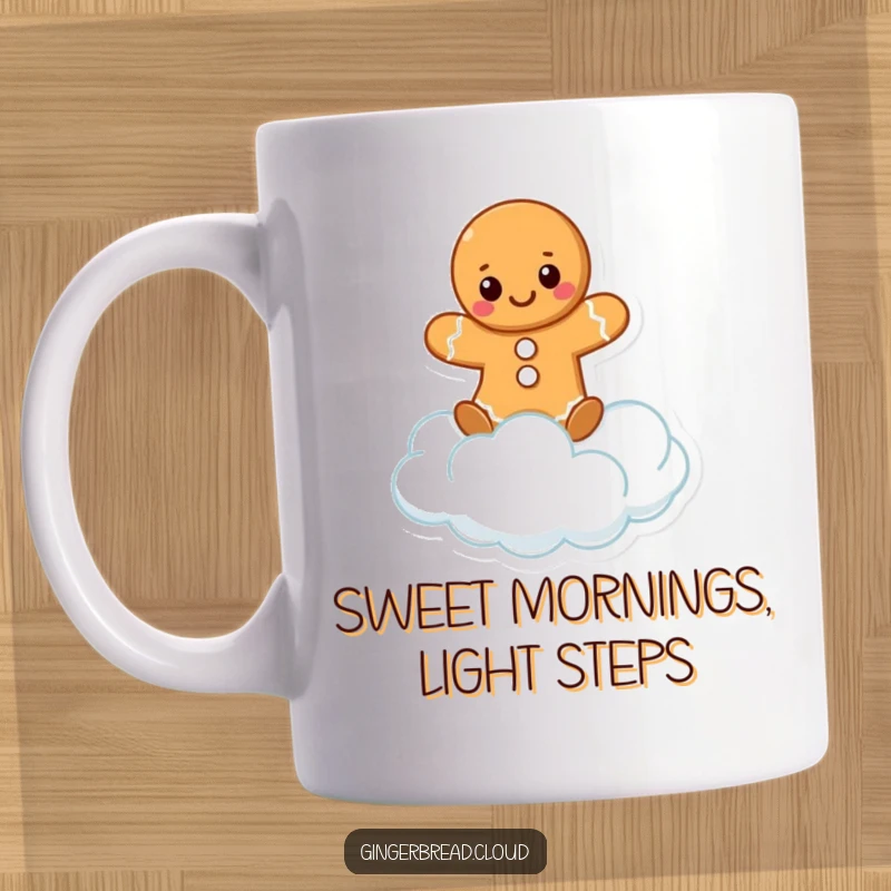 Funny Mug showing a happy gingerbread character expertly balancing on a soft, fluffy white cloud puff.