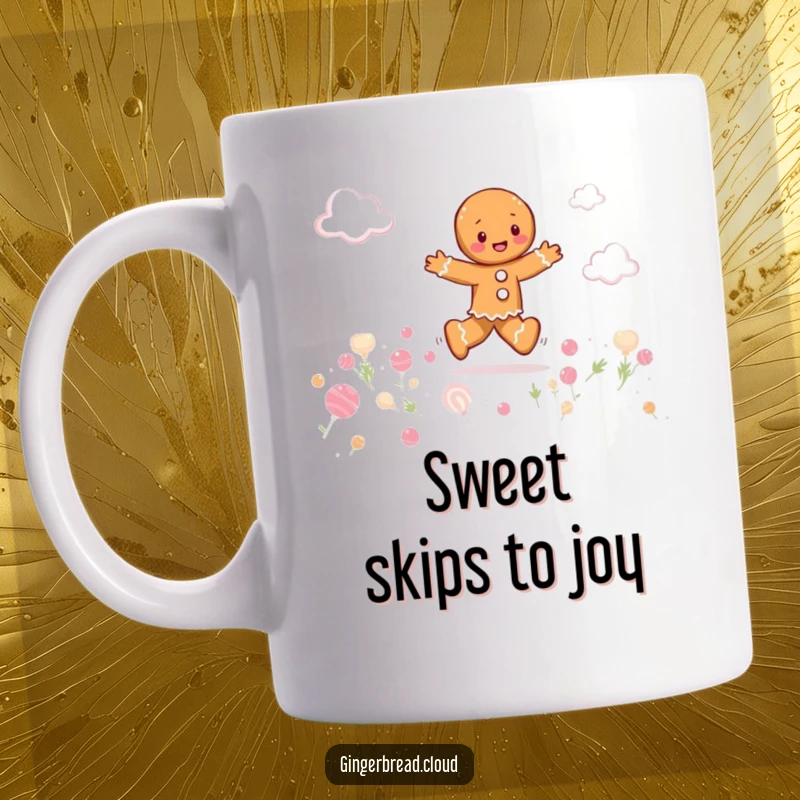 Funny gingerbread person playfully skipping through a field of colorful candy clouds, whimsical and cheerful mug design.