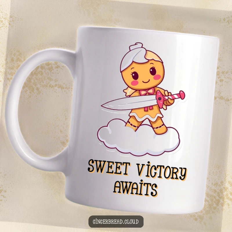 Funny mug featuring a determined gingerbread person warrior with a candy cane sword, standing bravely on a cloud, ready for action.