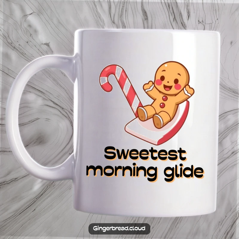 Funny mug featuring a gingerbread cookie sliding gleefully down a bright red and white candy cane slide, pure Christmas fun.