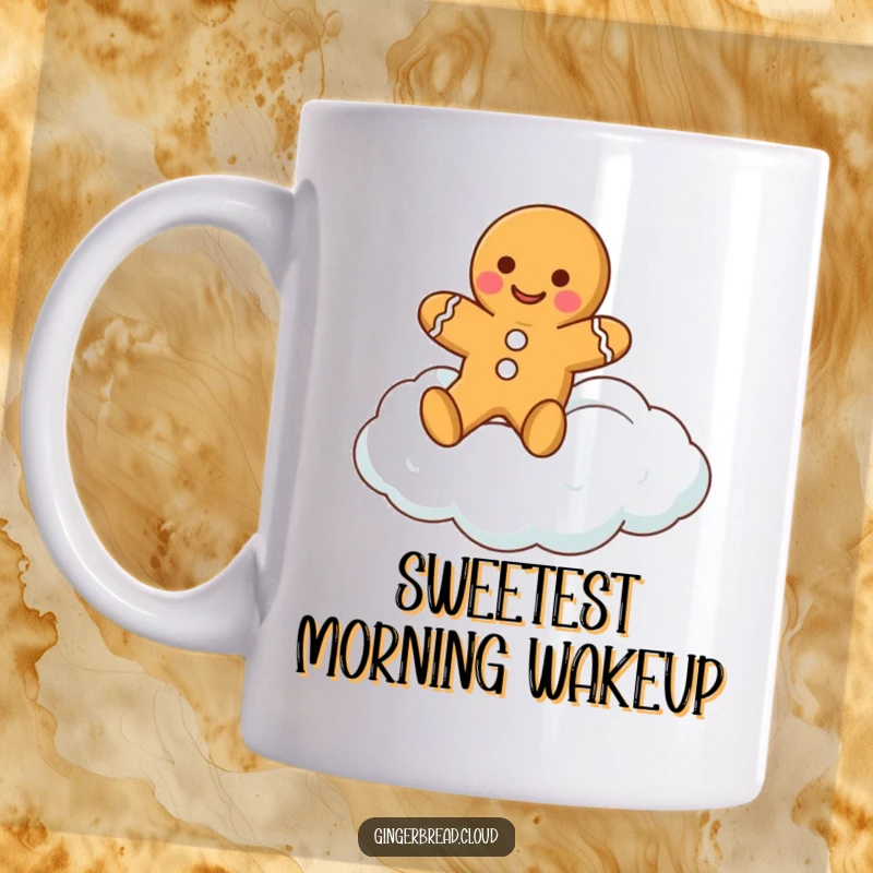 Funny gingerbread man mug showing a happy gingerbread cookie character blissfully floating on a soft, fluffy cloud.