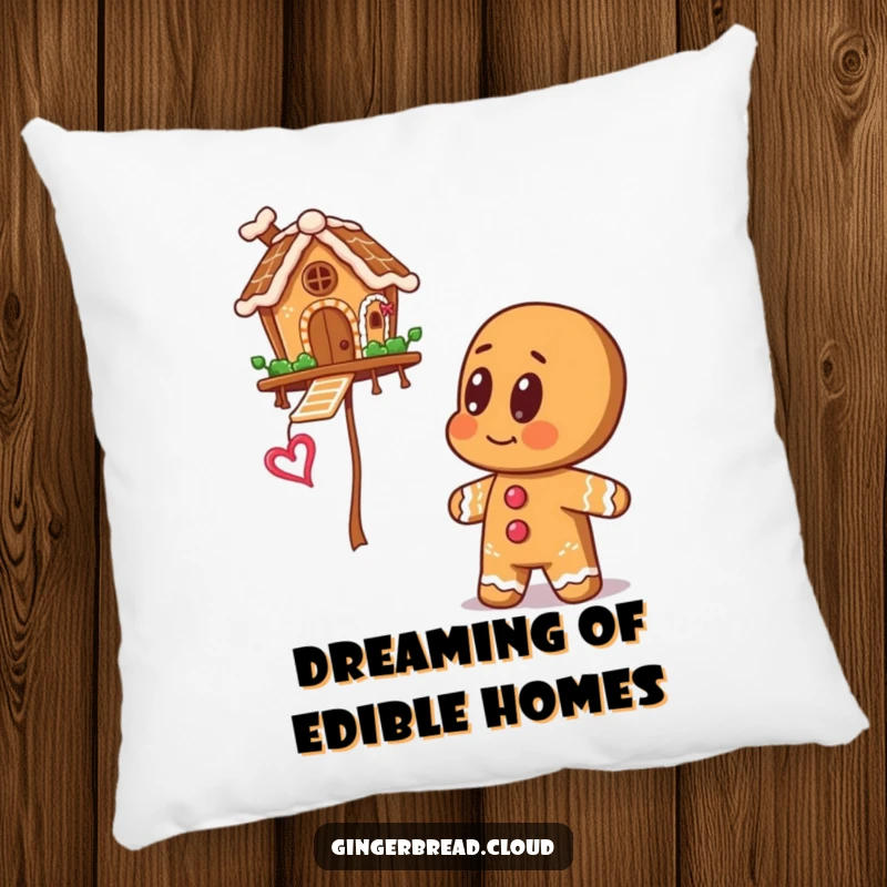 Gingerbread man with big eyes gazing at a floating gingerbread house, featured on a plush pillow for whimsical comfort and decor.