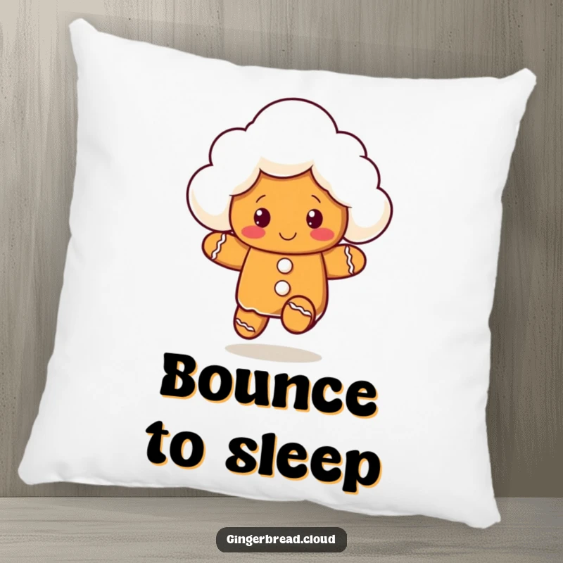 Funny pillow with a gingerbread cloud character shown bouncing playfully, offering comfort and a cheerful vibe.
