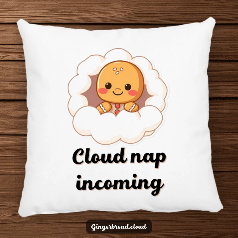 Funny gingerbread character pillow, peeking from a cloud hollow, soft and dreamy home decor, perfect funny gift for relaxation.
